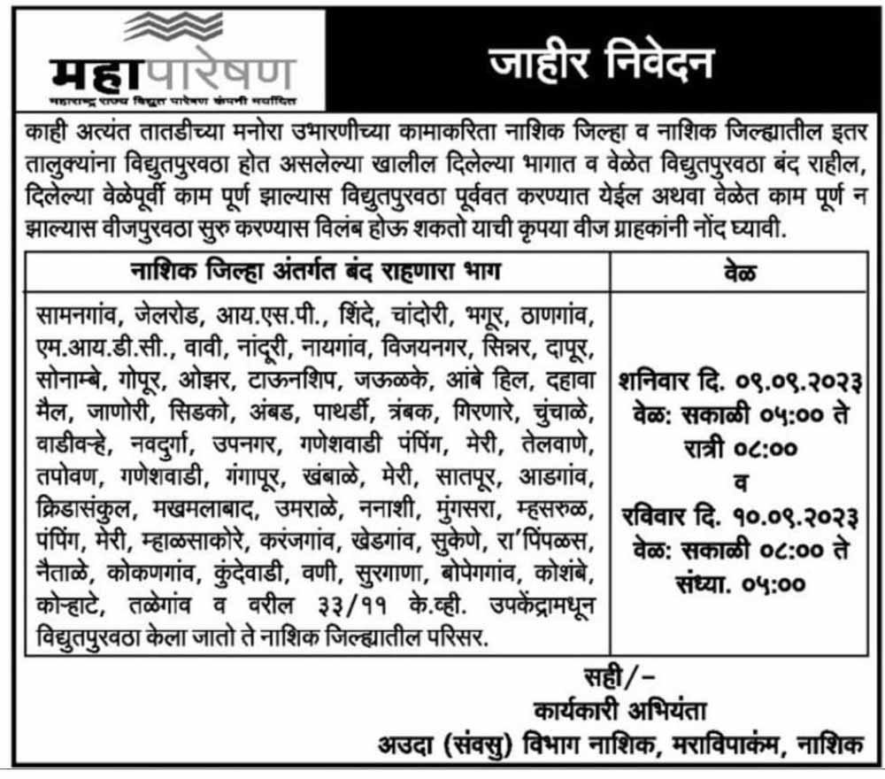 Electricity supply off for 2 consecutive days in Nashik district and city area